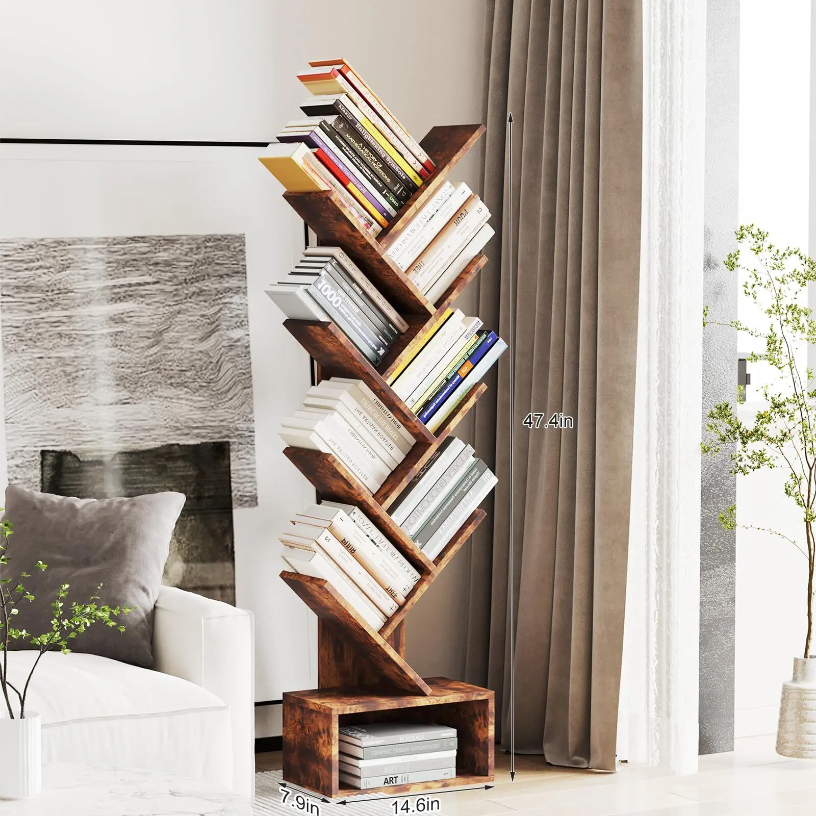 8-Tier Tree Bookshelf with Storage - Wooden Tall Floor Standing Bookcase for Kids and Adults, Utility Organizer Shelves for Living Room, Bedroom, Home Office, Brown