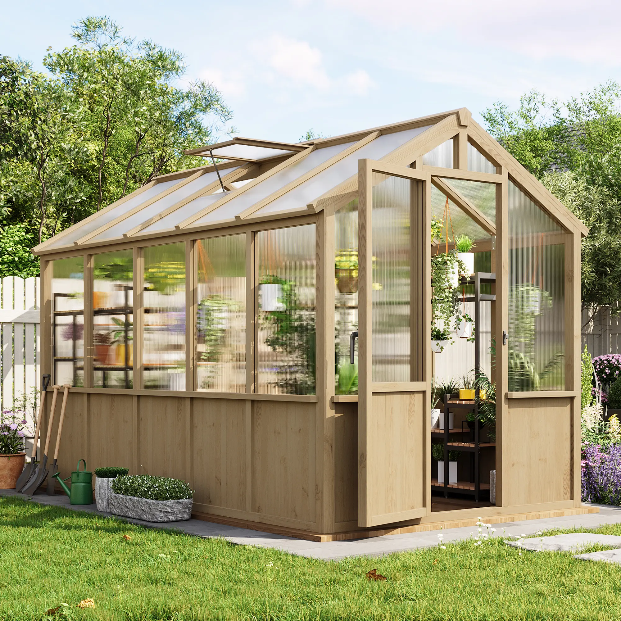 6x10 FT Walk-In Wooden Greenhouse, Heavy Duty Spruce Frame, PC Panels, Adjustable Roof Vents & Lockable Door, Garden Storage for Backyard, Patio & Lawn