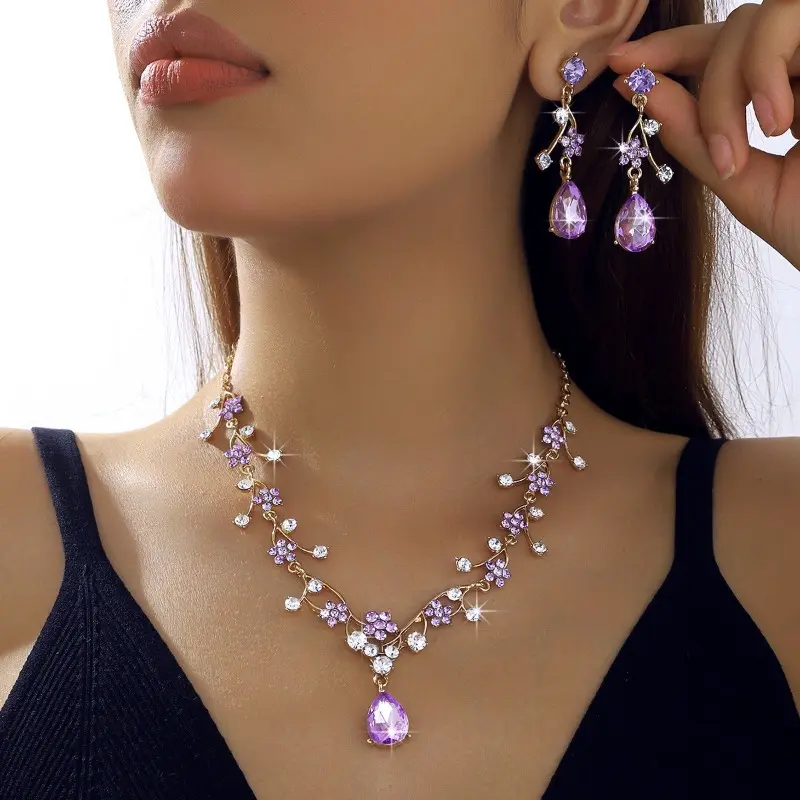 3-Piece Elegant Flower Rhinestone Necklace and Earrings Set, Shiny Jewelry, Exclusive for Banquets, Weddings, Brides & Bridesmaids, Perfect Gift for Christmas & Valentine's Day Glamour Set