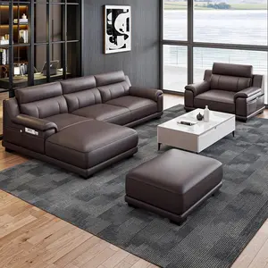 L-Shaped Top Grain Leather Sectional Sofa Set, 3-Seat Couch with Chaise Lounge, Accent Armchair & Matching Ottoman, Dark Brown Genuine Leather Living Room Furniture Suite