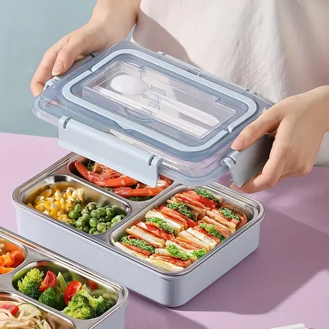 1200ml Food-Grade Stainless Steel 2-Layer Airtight Lunch Box - BPA-Free Leak-Proof Divided Tableware with Silicone Lid, Microwave-Dishwasher Safe, Compatible with Utensil Set for School/Work Adults & Kids