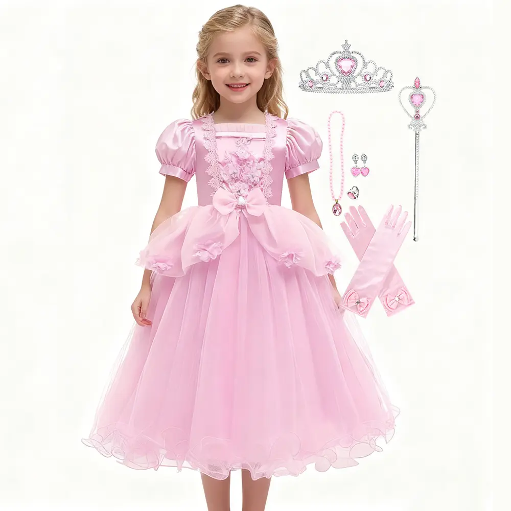 Girls' Square Neck Tutu Dress, Cute Plain Tulle Short Sleeve Birthday Party Clothes with Princess Accessories, Ages 3-12, Birthday Clothes, All Seasons, Fluffy Tulle, 3-12 Years, Cotton, Polyester & Cotton
