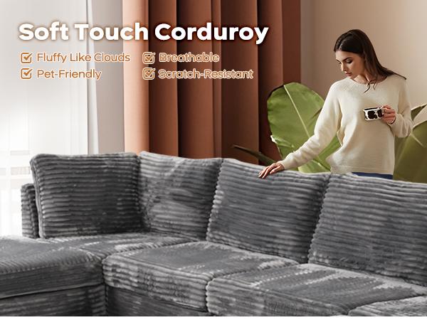 【5 Packages Shipping】Ovios 130.7" Modular Sectional Sofa Couch with Ottoman, U-Shaped Minimalist Couches with Sofa Bed Chaise, L-Shaped Modern Deep Seat Cloud Plush Corduroy Sofas with Ottoman Set for Living Room, 5 Seater