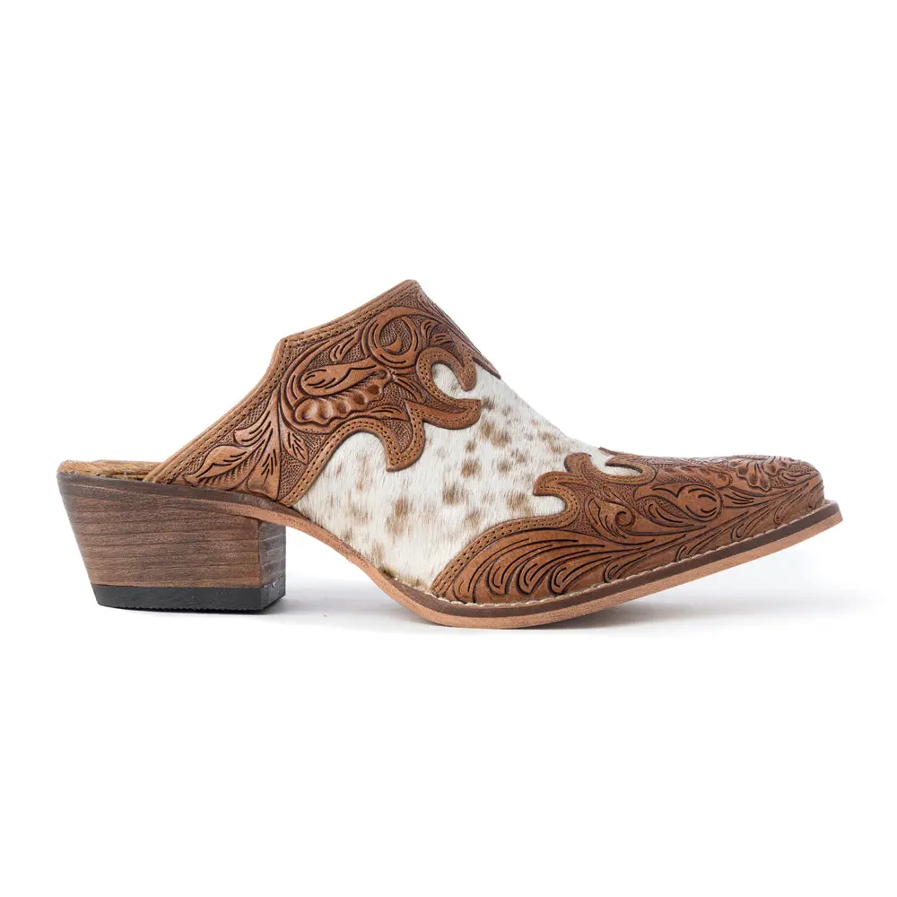 Women's Western Mules Shoe, Slip-on Style in Handtooled Leather & Hairon with Snip Toe & Cushioned Insole, Foam, Heely, Cow Hide, Casual, Clogs Mules, Cowboy Mules & Clogs