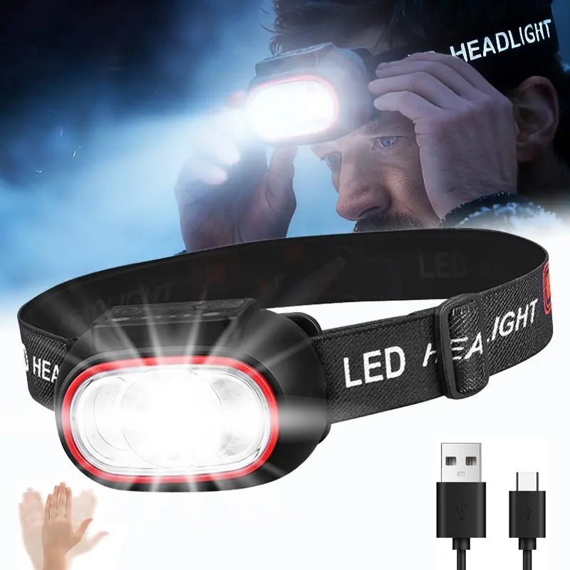 1PC Rechargeable Headlamp, Rechargeable Lighting, Type-C, Usb Rechargeable, 1200 Lumen 5 Modes Bright White Light Headlamp with Motion Sensor, IPX4 Waterproof Adjustable Strap Headlamp for Camping, Running, Cycling