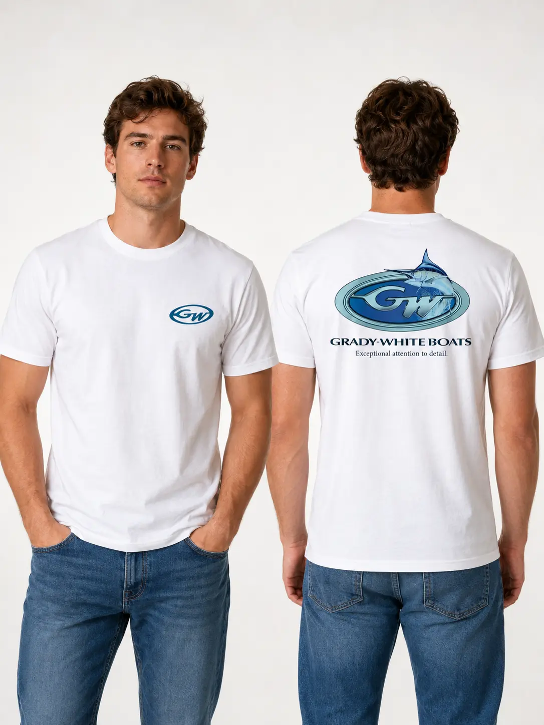 Menswear Grady-White Boats Marlin Print T-Shirt - Ribbed Seamless Fabric, Double-Sided Ocean Fishing Tee, Premium White Unisex Top for Boat Owners & Anglers