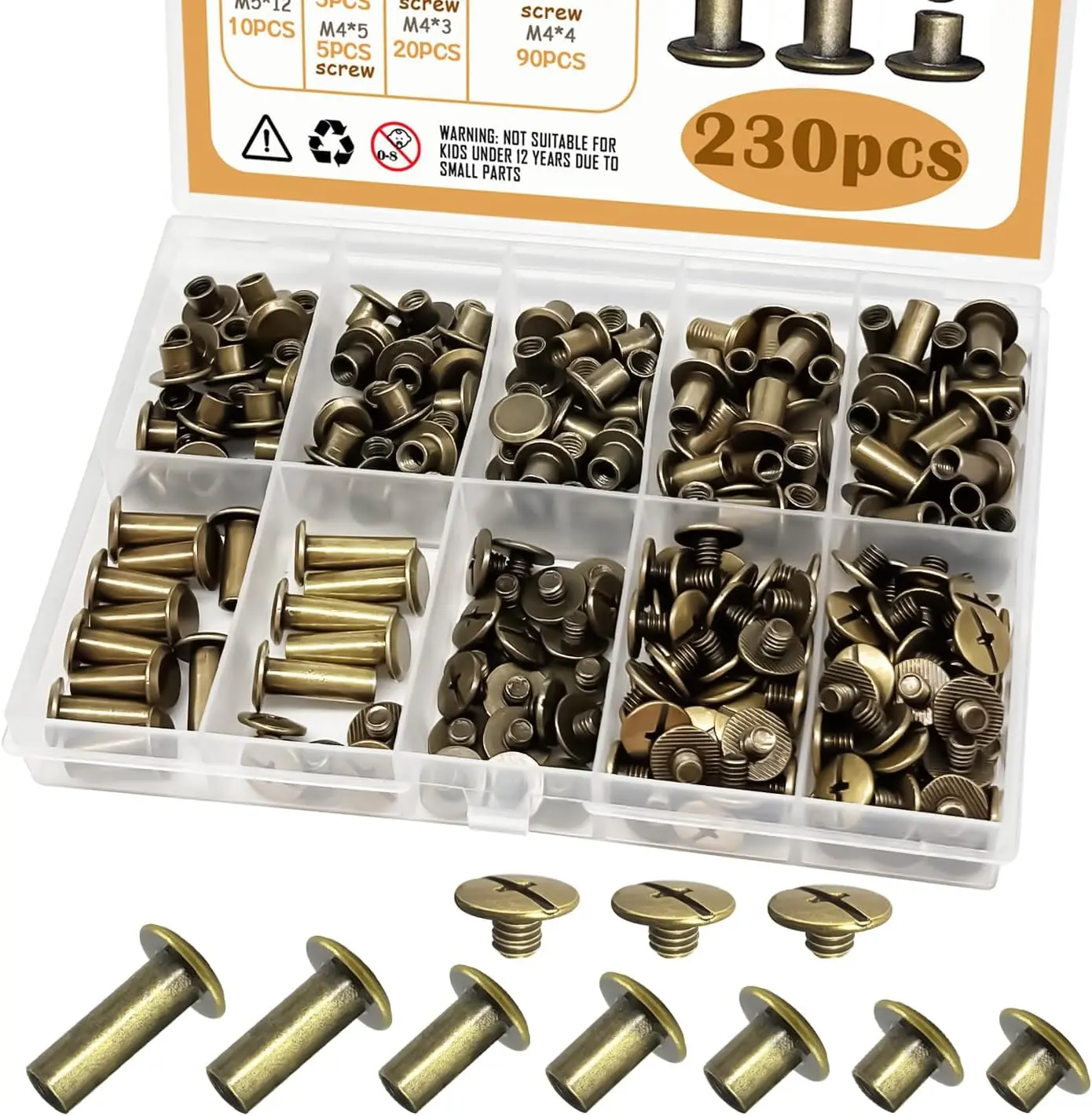 115Sets Chicago Screws for Leather Rivet Kit M5*4, 5, 6, 8, 10, 12, 15 Brone Brass Rivets for Leather Tools DD031-GT