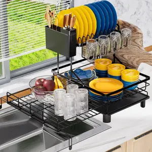 2-Tier Dish Drying Rack, Expandable Kitchen Dish Drainer with Utensil and Cup Holder (Stainless Steel)