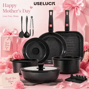 USELUCK 21-Piece Non-Stick Cookware Set, 6 Essential Pots & Pans with Detachable Handles, Granite Coating, Induction Ready Kitchen Set Includes Fry Pan, Grill Pan, Saucepans, Casserole Pots, Lids, Utensils & Trivets, PFOA-Free Healthy Cooking