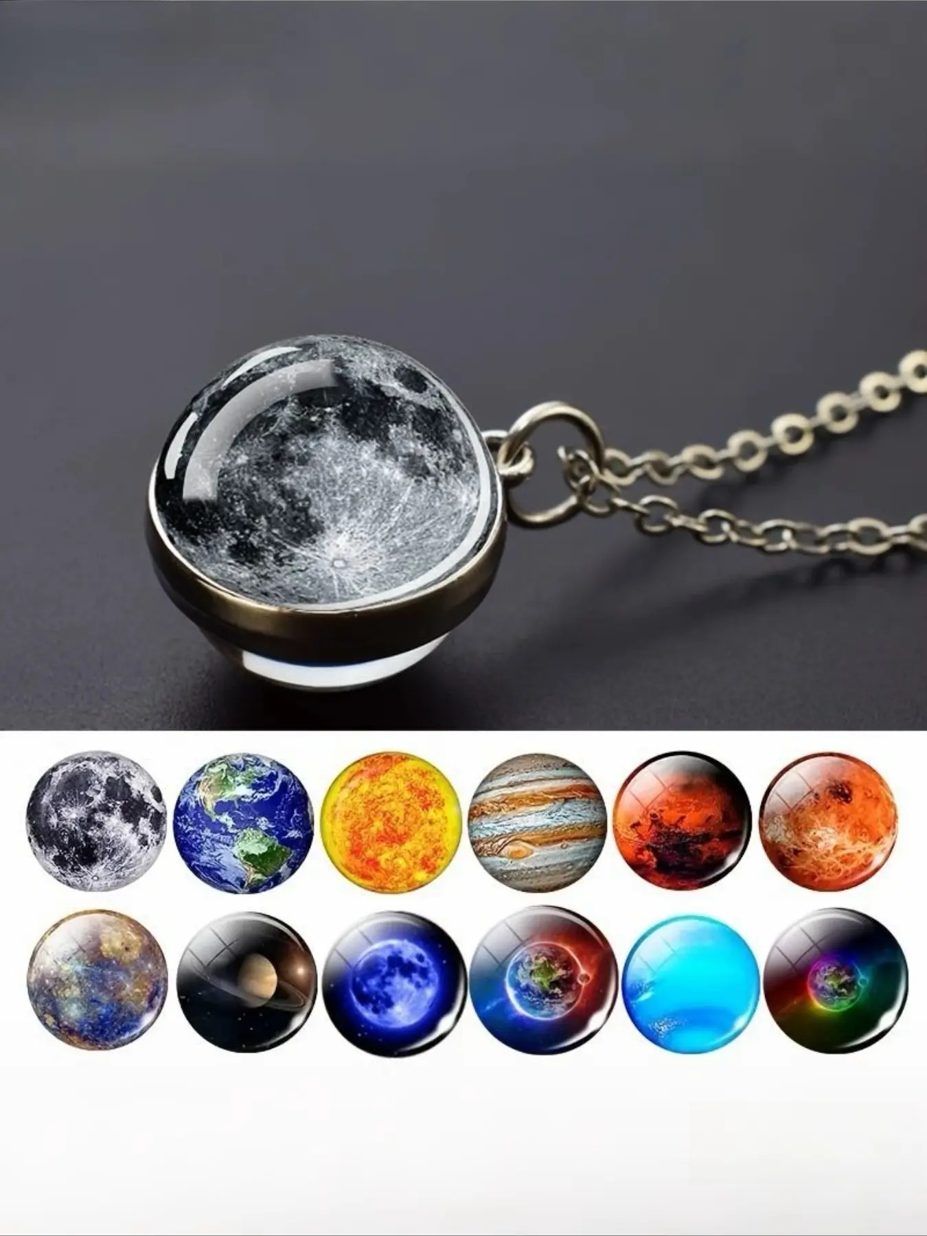 Solar System Elegant Necklace Chain Nine Star Pattern Circular Pendant Glass Ball Pendant Fashion Jewelry Accessories Celestial Gift Exquisite Jewelry Gift