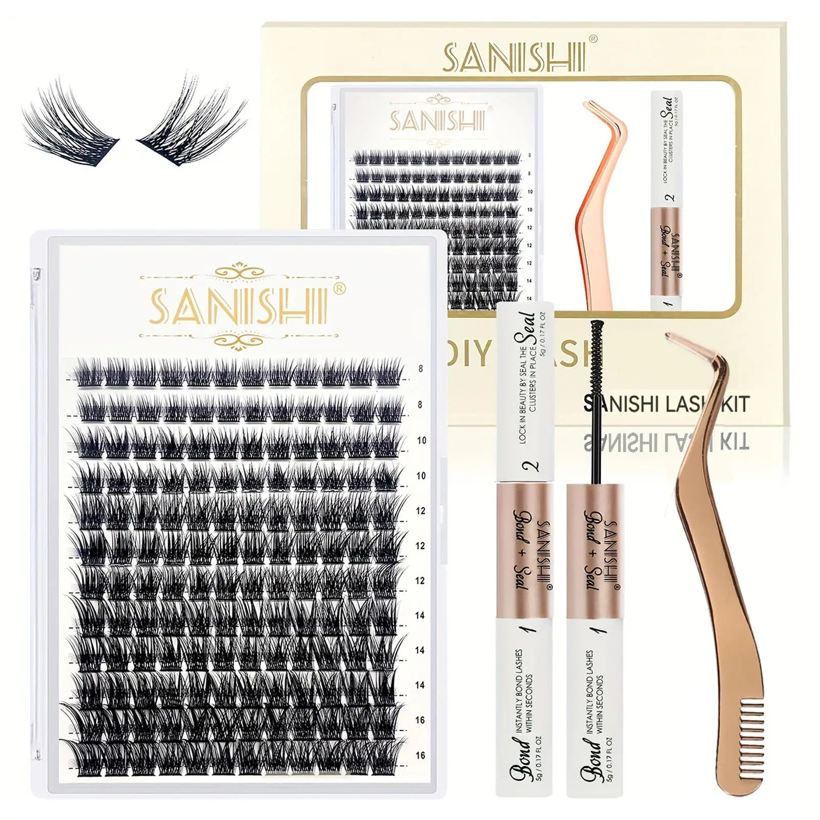 DIY Lash Extensions Kit, Eyelash Extension Lashes Including 144pcs Eyelash Clusters & 1 Count Eyelash Applicator & 1 Count Eyelash Bond Seal, Eye Cosm