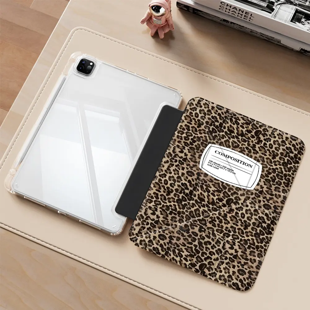 Leopard Print Composition Notebook iPad protective case, iPad Accessories, Tablet protective cover, transparent acrylic Y folding stand suitable for all models of iPad, all-round protection against scratches and impacts, gift