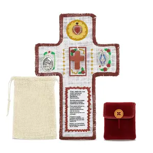 Handmade Catholic Prayer Pocket with Red Stone Cross - Sacred Heart & Virgin Mary Crucifix with Spanish Prayer Card | Vintage Fabric Travel Blessing Bag for Home Altar & Christmas Gifts | Spiritual Communion & Healing Touch Therapy Decor Religious