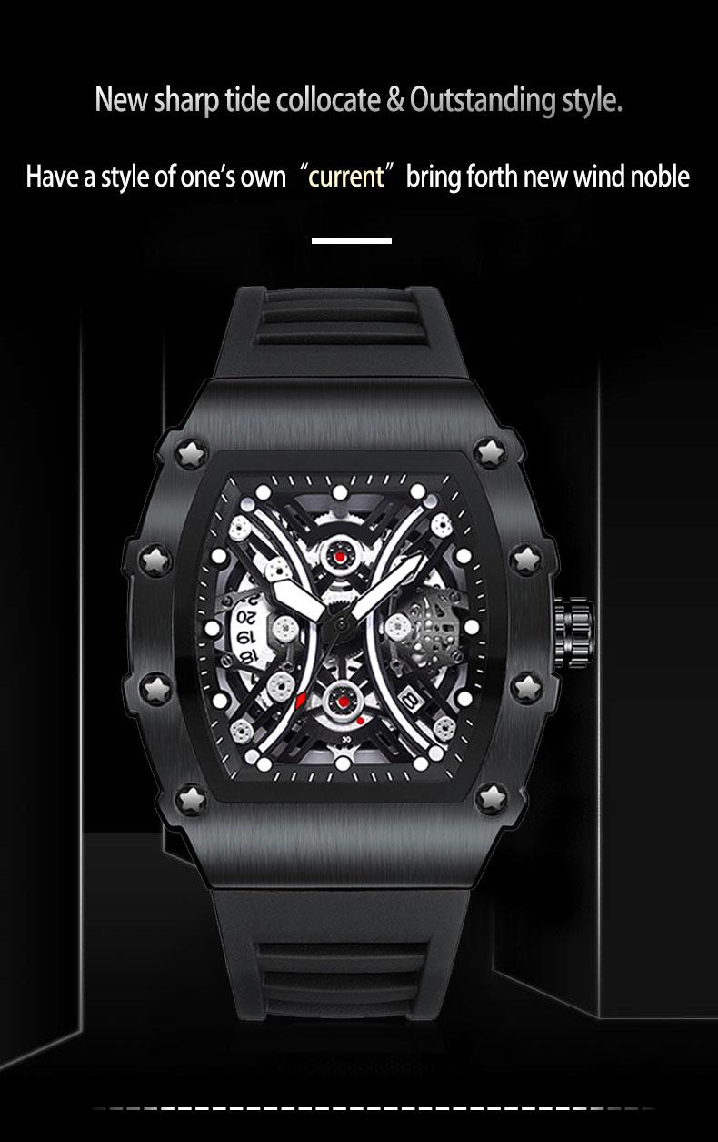 Men's Red Carbon Fiber Skeleton Tonneau Watch, Black Silicone Band, Sporty Quartz Wristwatch