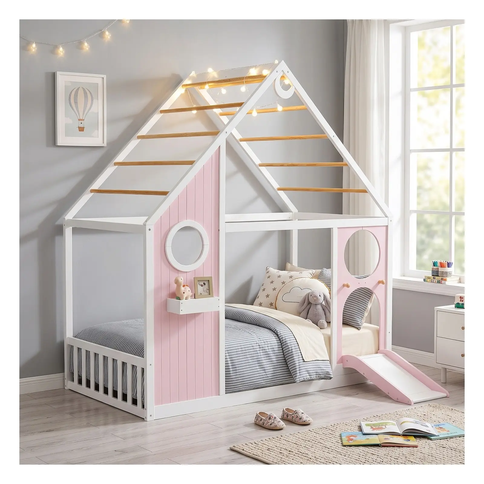 Twin Upholstered Platform Bed Frame with LED Lights, Slide, House-Shaped Design and Space-Saving Design, Gray/Blue/Purple/Pink