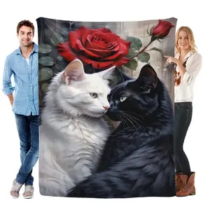 Romantic Black & White Cat Couple and Red Rose Flannel Throw Blanket, Soft Comfy Multi-Size Flannel Blanket, Ideal for Valentine’s Day Gifting, Tender Charm-Adding Textile Throw, Flannel Throw Blankets, Soft Comfy Blanket