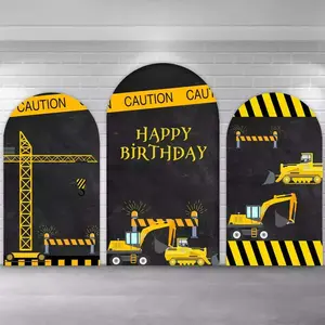 Construction Party Arch Covers Stretchy Backdrop, Yellow Excavator Crane Happy Birthday Design, Perfect for Boys Birthday Party Photo Backdrop