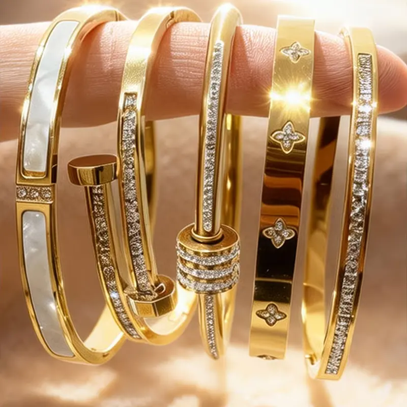 Elegant 18k Gold Plated Women's Bracelet Set, Stackable Cubic Zirconia, Fashion Design, Daily Wear, Party, Valentine's Day Gift, Stackable Bracelets, Elegant Jewelry Bracelet, Beautiful Bracelets