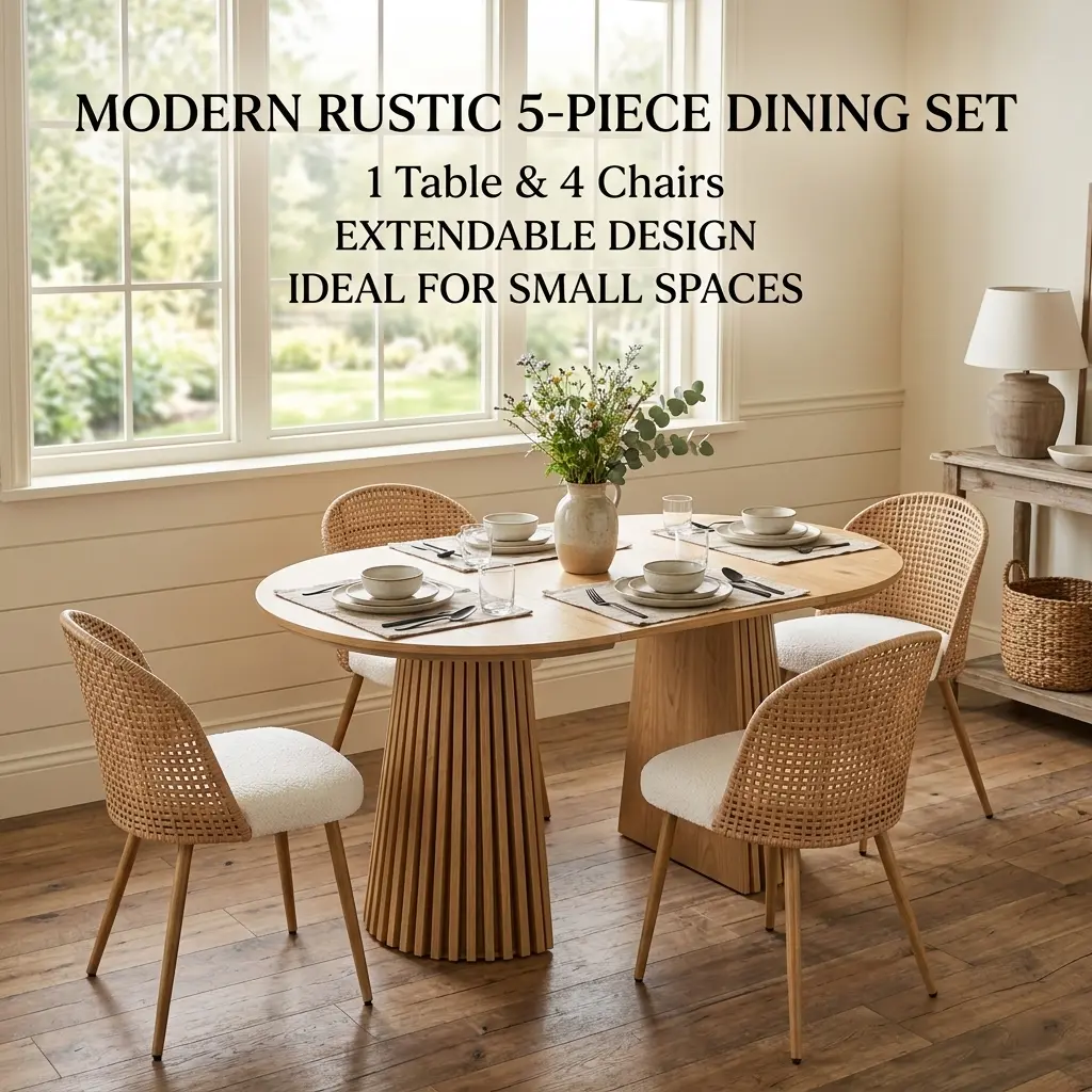 Modern Farmhouse 5-Piece Extendable Oval Dining Table Set, Wooden Table with 4 Wicker Brown Boho Chairs, Soft Beige Cushioned Seats, Sturdy Metal Legs, Space-Saving Multifunctional Design