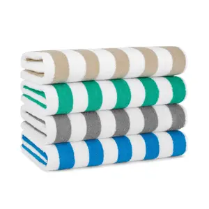 California Cabana Beach Towel Set of 4 30x70 in 4 Colors in a Pack Blue Beige Gray Tan Striped Cotton Towels for Pool & Bath