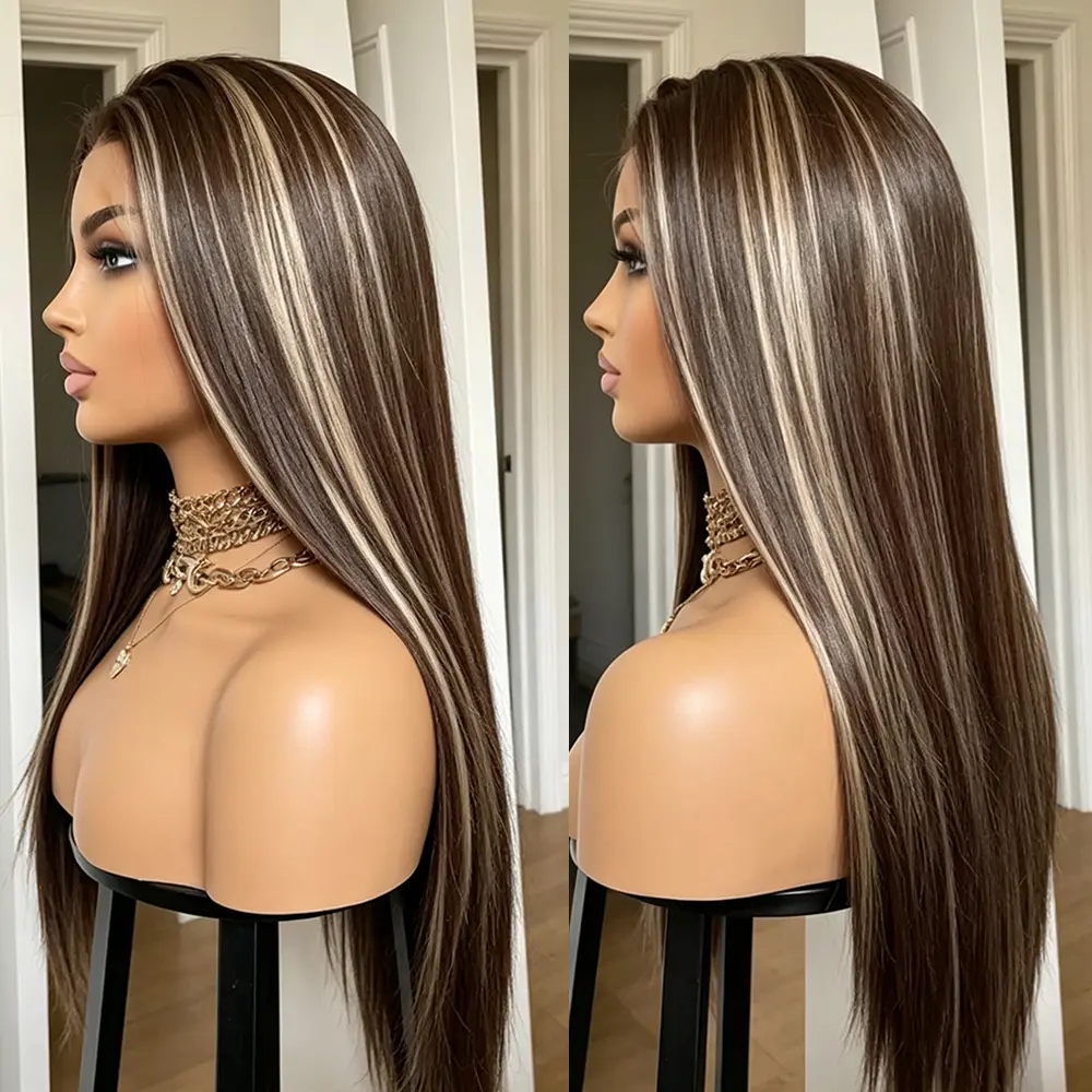 Women's Synthetic Lace Front Wig - 13x4 HD Transparent Lace, Free Part, 26in 180% Density, Dark Chestnut Brown-Light Blonde Ombre, Silky Straight, Pre-Plucked, Glueless, Natural Hairline, Synthetic Fibers, for Daily Wear & Wedding