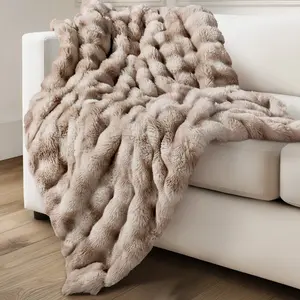 Faux Rabbit Fur Throw Blanket – Ultra Soft, Fluffy & Warm Decorative Blanket for Couch, Sofa, or Bed – 50x60 Inches, All-Season Cozy Gift, Light Taupe
