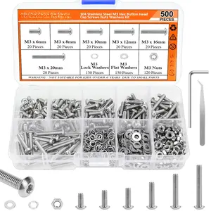 500 count M3 x 6mm /8mm /10mm /12mm /16mm /20mm, Hex Button  Cap Metric Screws  Washers Nuts Kit, 304 Stainless Steel