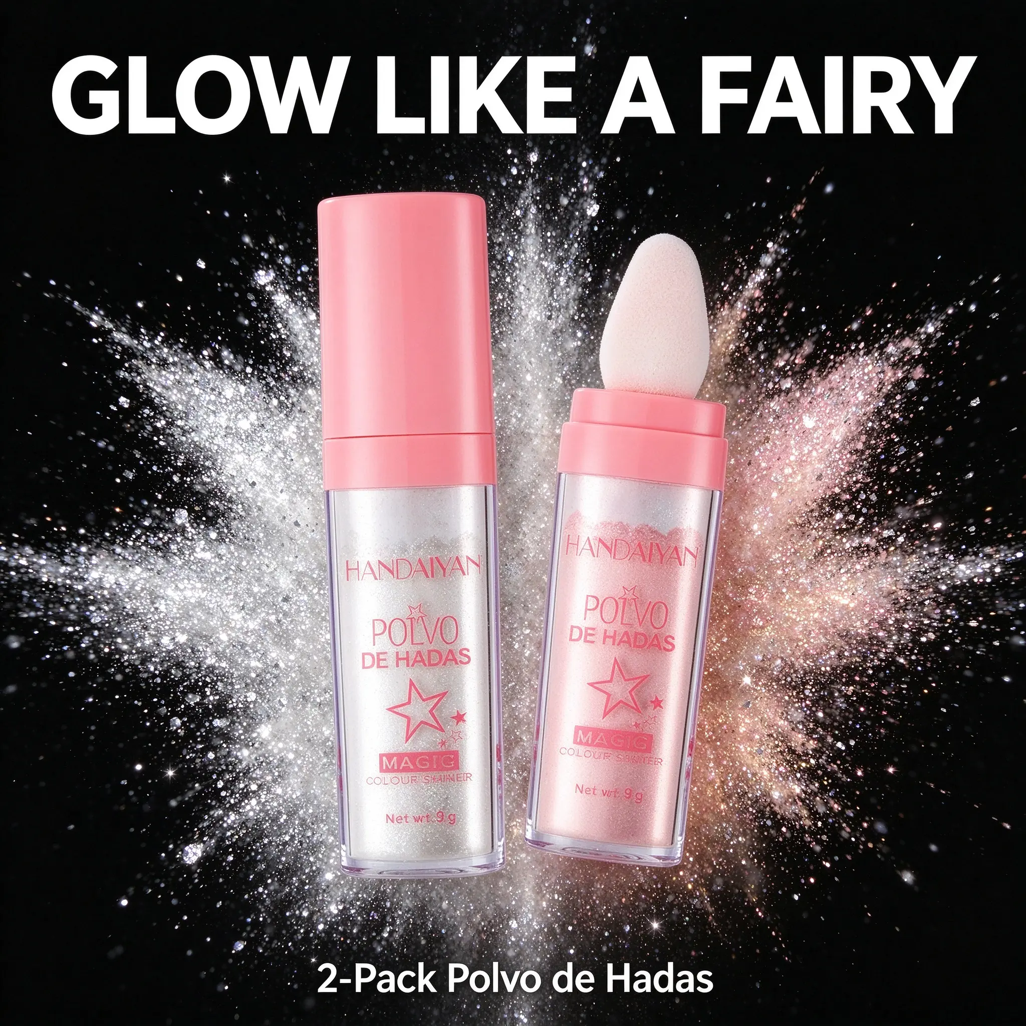 HANDAIYAN Polvo de Hadas Highlighter Powder, #01 White Moonbeam + #02 Fairy Pink, Face Eye Body Shimmer Glitter with Cushion Applicator, Long Lasting Brightening Drugstore Makeup