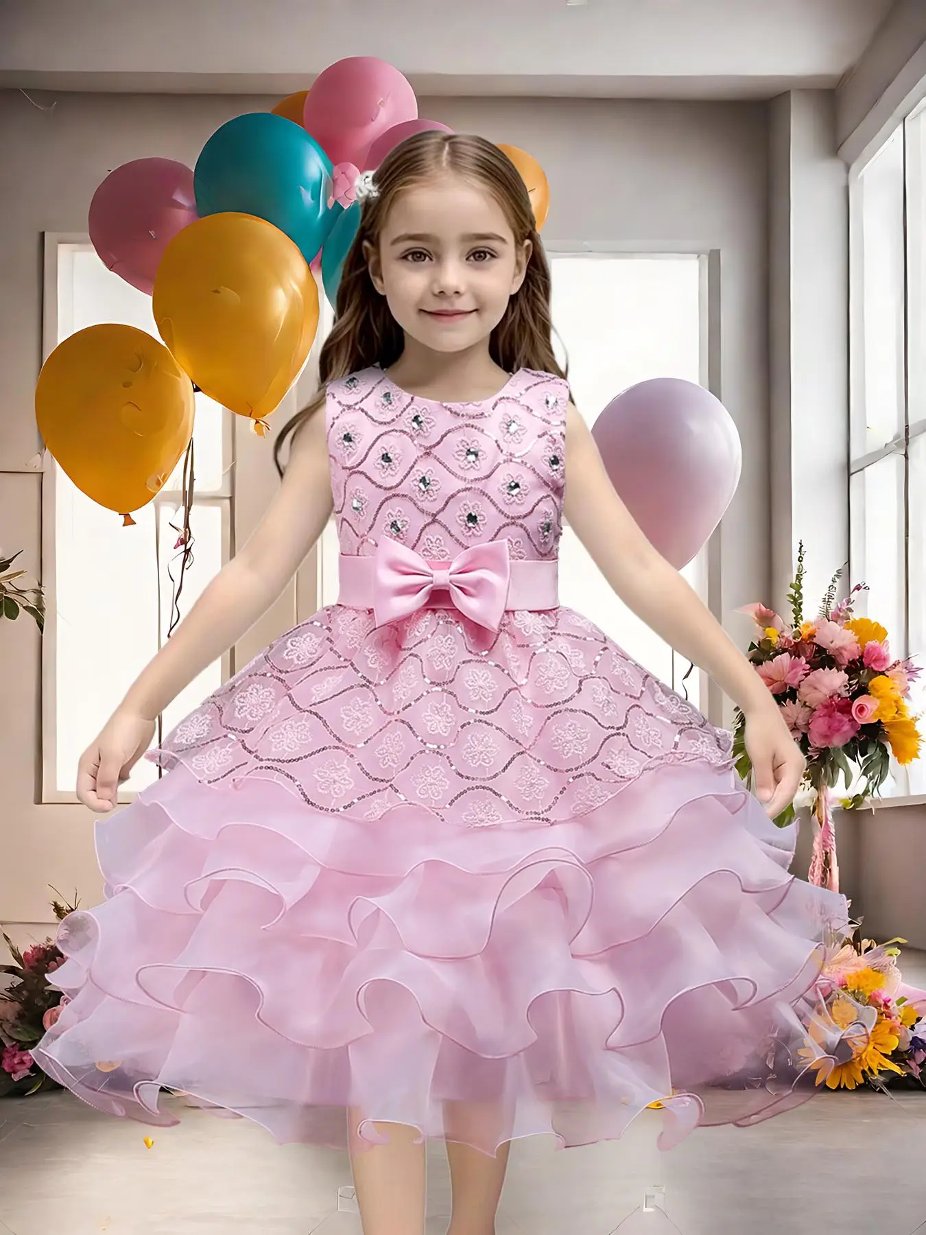 Girl's Floral Embroidery Contrast Sequin Tiered Layer Party Dress, Elegant Artificial Gemstone Decor Bow Decor Tie Back Tulle Dress for Performance Sh