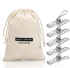 40 Pack Heavy Duty 304 Stainless Steel Clothes Pins 6cm Long Rust-Proof Metal Pegs for Laundry & Crafts with Cotton Storage Bag - Hangers, Industrial