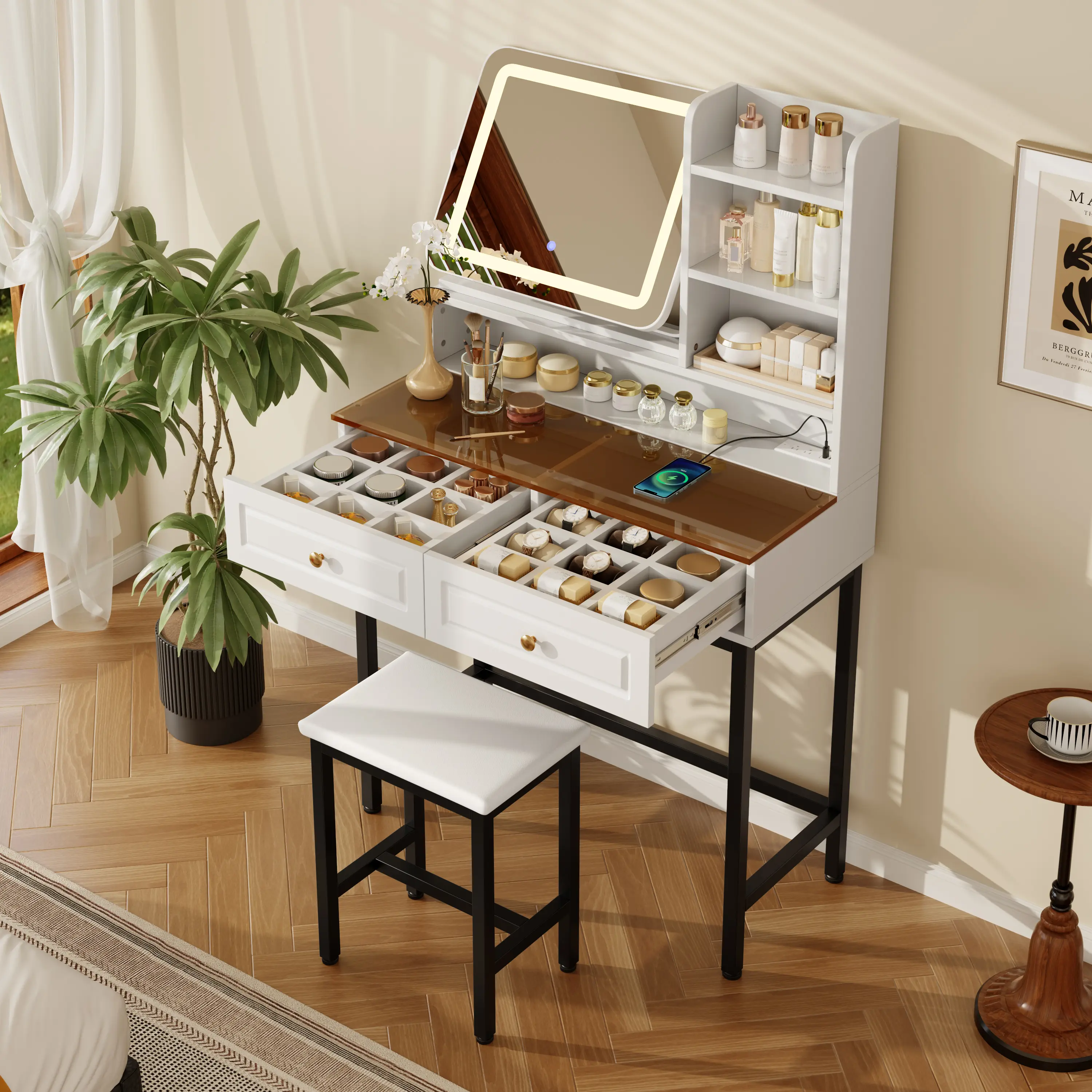 LED Makeup Vanity with 360° Rotatable Mirror, 2-Drawer Dressing Table, 3-Tier Shelves, Power Outlet, Amber Glass Top, Metal Legs & Stool