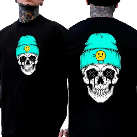 Menswear Short-Sleeve Loose Mint Green T-Shirt, Double-Sided Skull Print, Designer Original Pattern, Unisex Round Neck, Cotton Soft Stylish Outfit, Street Style Vibe, Casual Y2K Streetwear Top tiktokshopspringglowup,summervibes Jeans Love Black Crewneck