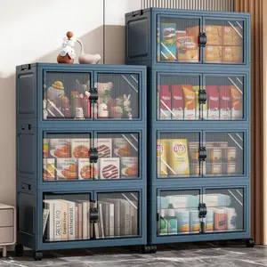 5 Tier Folding Storage Containers with Wheels, Stackable Collapsible Plastic Bins, Durable Organizer for Kitchen Pantry and Closet
