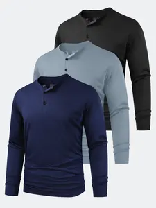 3 Pack Men's Henley Shirts Dry Fit Long Sleeve Casual Tee Gym Workout Lightweight Regular-Fit T-Shirts