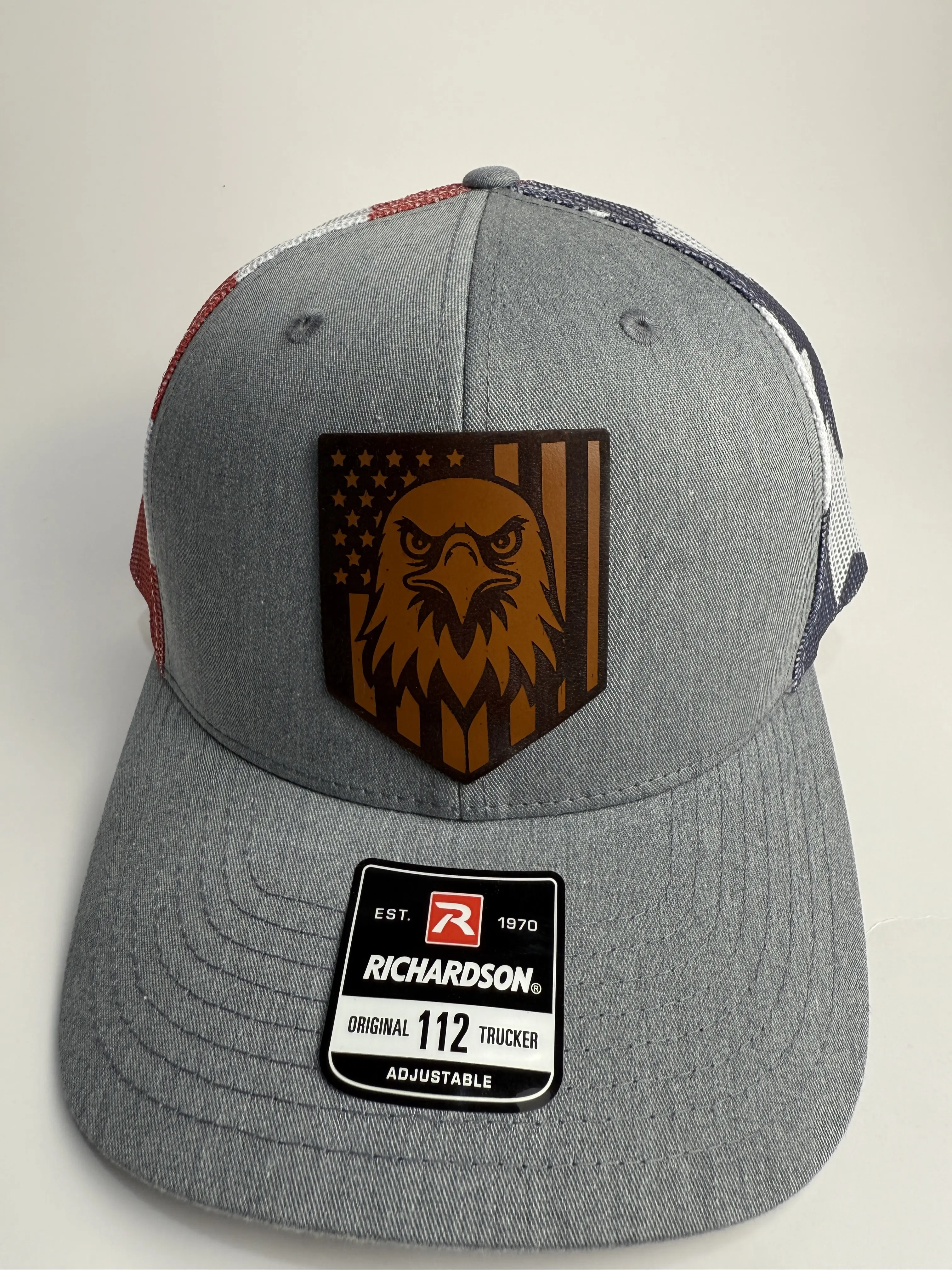 Richardson 112 Patriotic Trucker Cap for Men, Cotton Snapback with 4th of July American Flag Eagle Leather Patch, Veteran-Owned USA Made, Adjustable Snapback Hat, 4Th Of July American Flag Eagle Patch, Veterans, Unisex, Casual, Baseball Cap, Daily