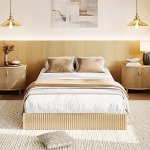 Fluted Design Wooden Platform Bed Frame, Sturdy Solid Wood Support Structure, Noise-Free Construction, No Box Spring Needed, Easy Assembly