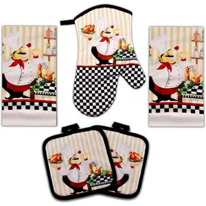 5 Piece Kitchen Towel Set: Chubby Uniformed Chef Design, Includes 2 Decorative Dish Towels (25 X15) 1 Oven Mitt (11 X 7) and 2 Potholders (6.5 X 6.5)