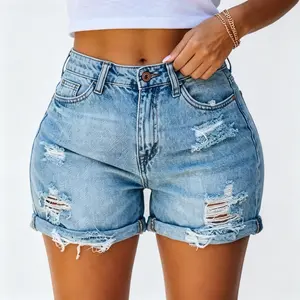 Women’s washed ripped denim shorts with a distressed finish, clean cut design, casual styling for shopping and dates