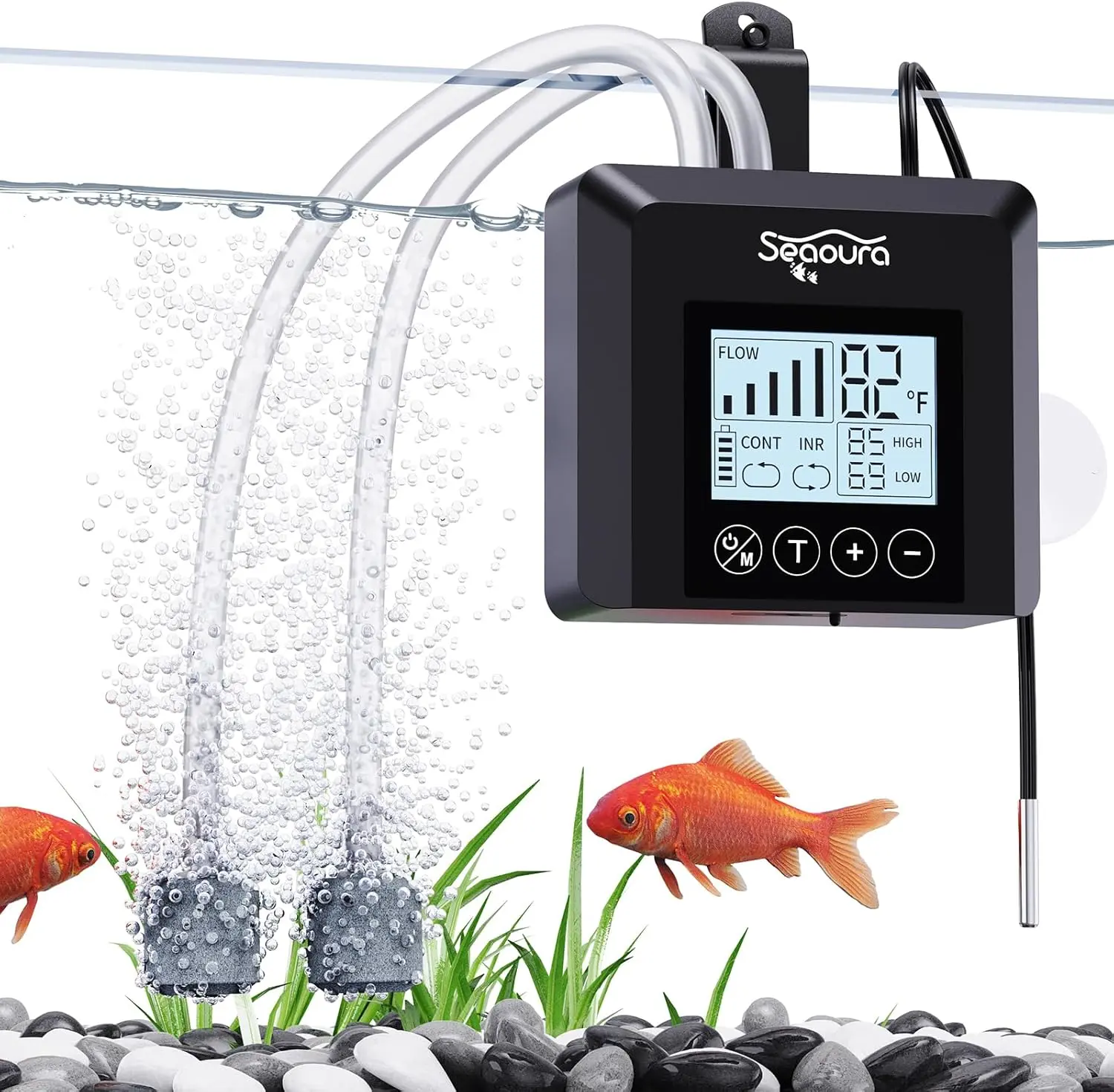 Seaoura USB & Battery Powered Aquarium Air Pump (ABS), 2.5W Silent Portable Rechargeable Aerator, 1.8L/min+ Airflow, 3-in-1 Temperature Monitor & Alarm, 3.54*3.14*1.57in, Continuous-Intermittent Modes, Outdoor Use (Fish Tank/Bait Bucket Accessory)