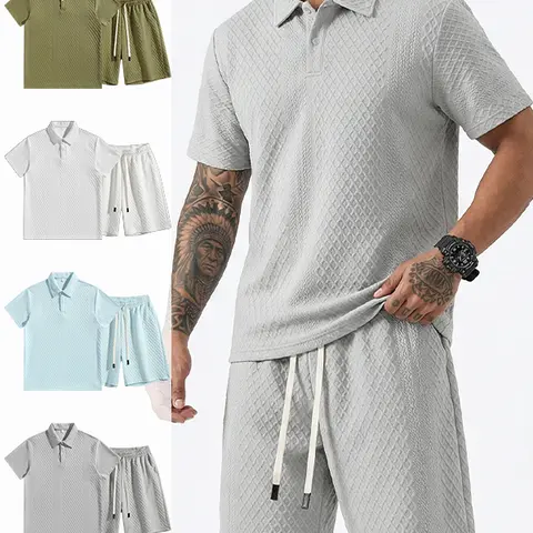 Men's Solid-Color Ribbed Knit 2-Piece Polo T-Shirt & Waist-Cinched Shorts Set, Classic Menswear for Summer Everyday Outdoor, Fitness Use