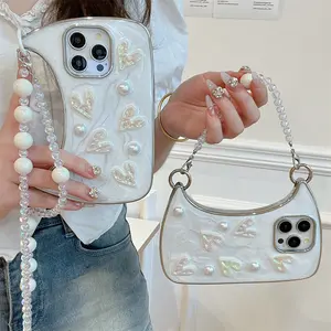 Luxury Love Heart Pearl Lady Crossbody Handbags Phone Case For iPhone 15 14 Plus 13 12 11 Pro Max Glitter Shockproof CoverCover