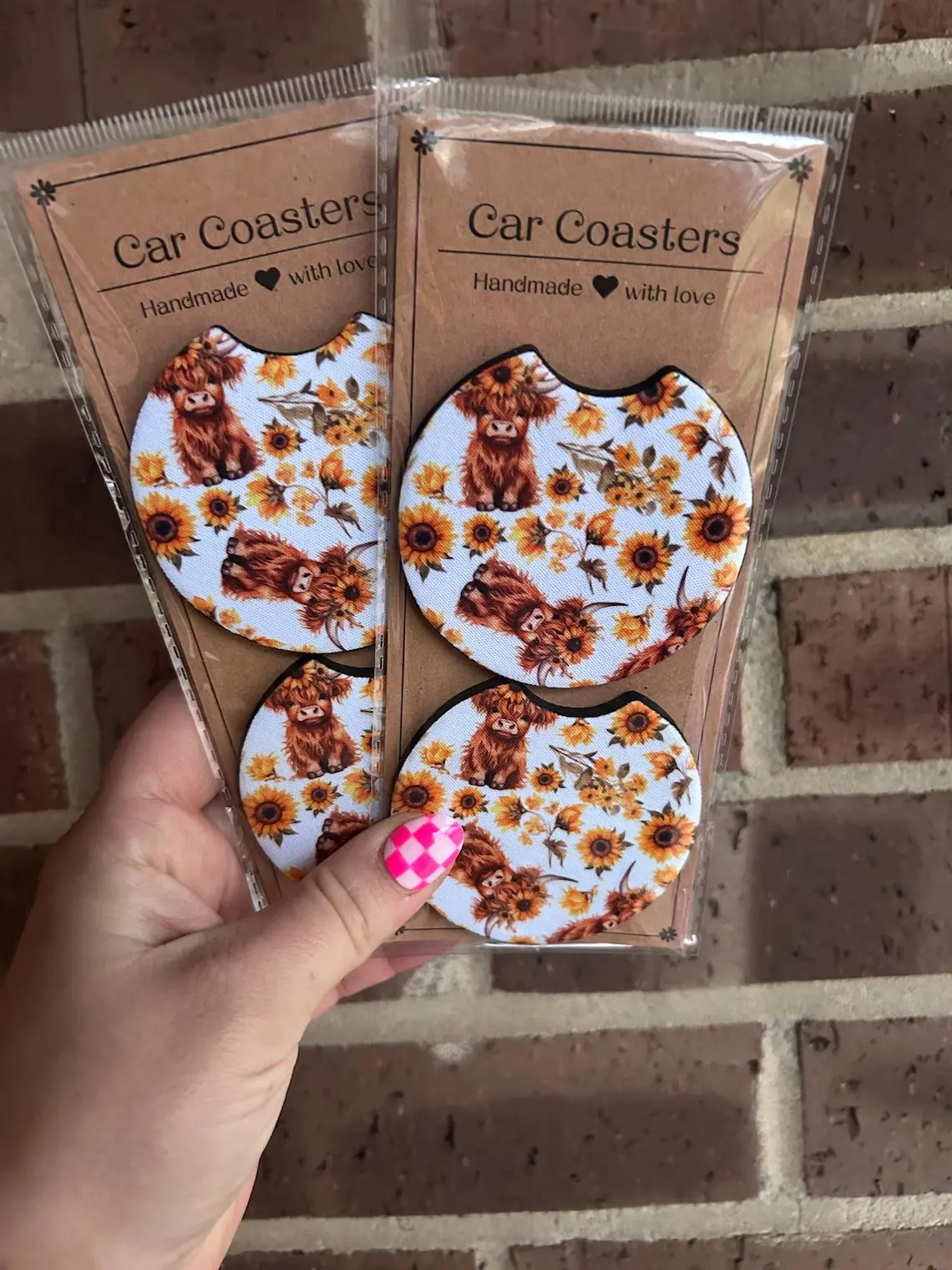 Highland Cow Car Coasters, Sunflower Soapstone Cup Holder Inserts, Western Floral Auto Drink Coasters, Farmhouse Car Accessories, Set of 2