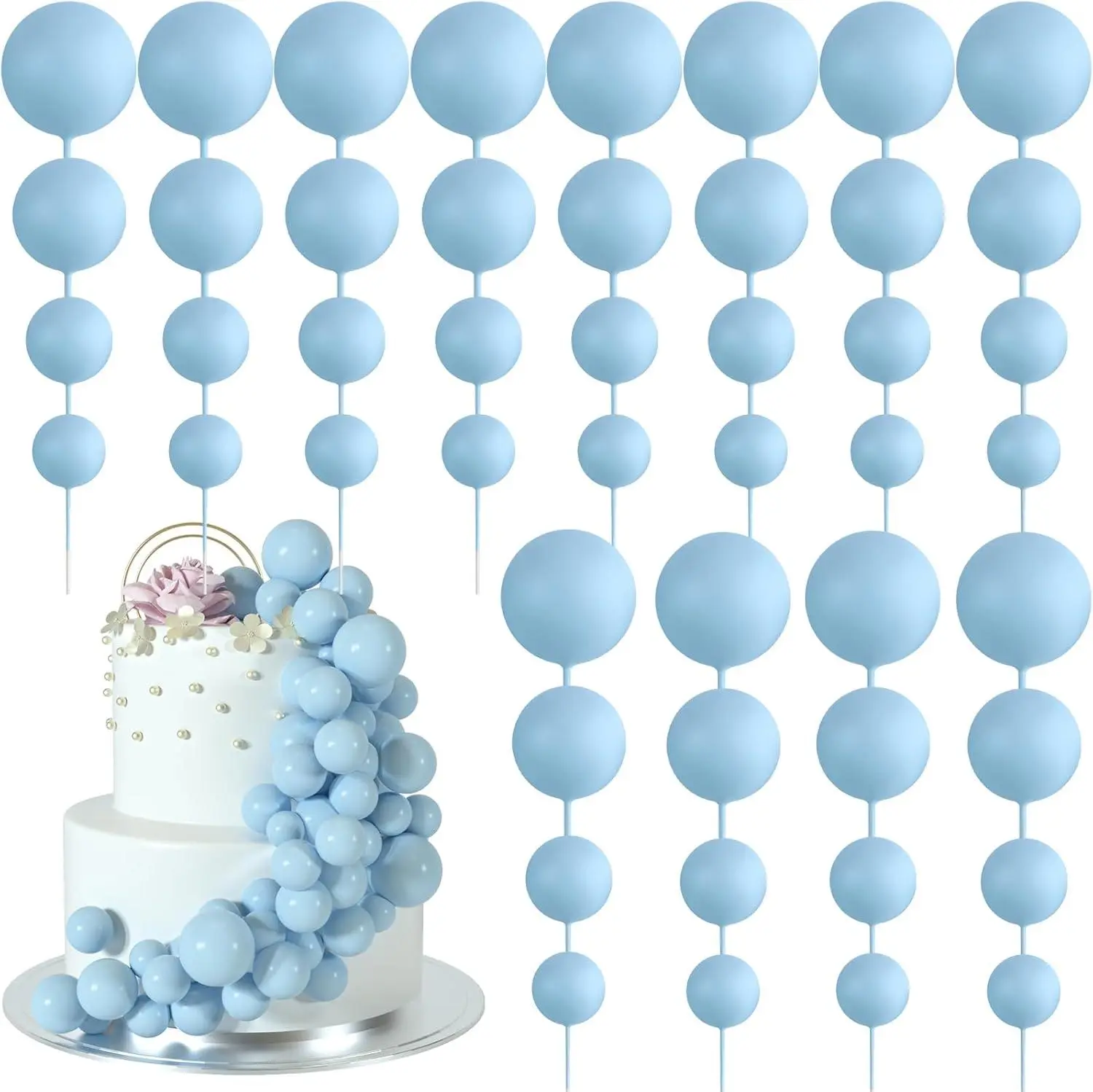 48 Pcs Balls Cake Topper Decorations Balloon Cupcake Toppers Foam Cake Topper Balls Cake Balls Decorations for Birthday Party Wedding  (Light Blue)