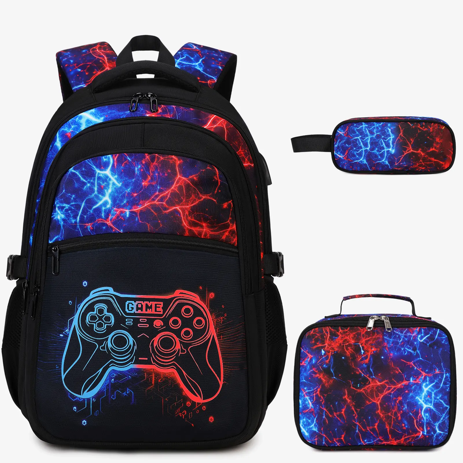 3PCS(Boys Backpack with Lunch Bag & Pencil Pouch)-Red & Blue