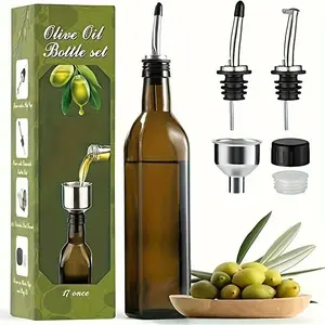 17 Oz Glass Oil Bottle with Stainless Steel Spout, Olive Oil Dispenser with Funnel, Kitchen Essential Glass Condiment Jar