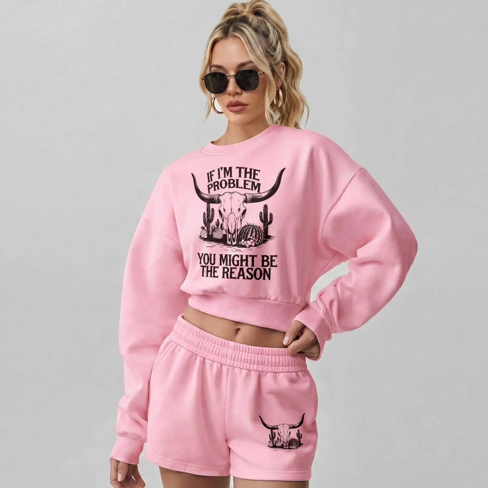Women’s Western Skull Graphic Crewneck Short Sleeve Sweatshirt And Shorts Set, Trendy Casual Two Piece Outfit With Drawstring Waist Shorts