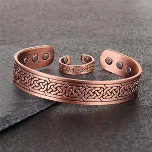 Copper Magnetic Cuff Bangle and Ring Set for Men with Powerful Magnets Adjustable Wristband Grid Design Pure Copper Fashion Accessory Gift Casual Trendy Jewelry