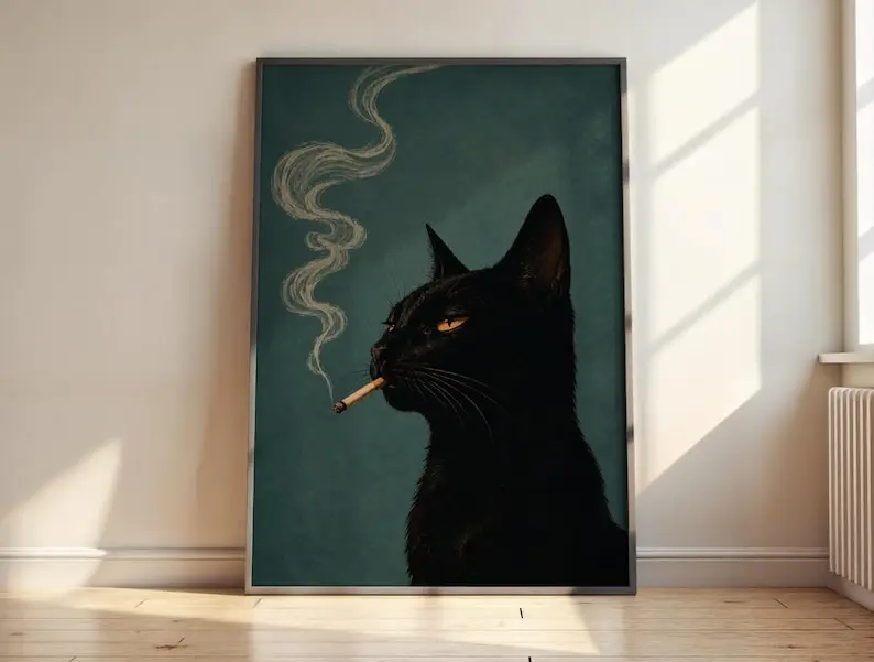 Black Cat Wall Art Print, Dark Academia Poster, Moody Vintage Decor, Gothic Cat Artwork, Unique Animal Wall Art