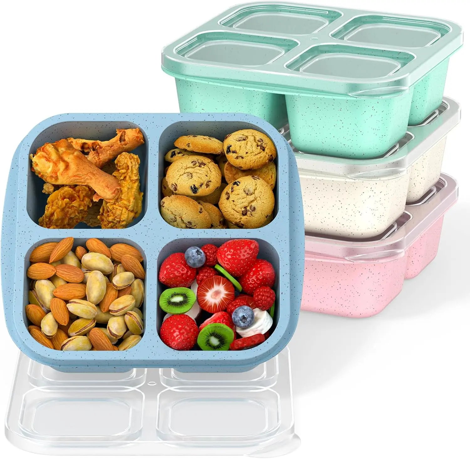 Bento Snack Boxes (4 Pack)- Reusable 4-Compartment Meal Prep Containers for Kids and Adults, Perfect Food Storage School, Compact Stackable (Wheat(Green/Blue/PK/Beige)