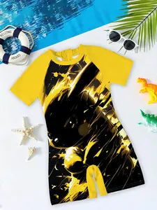 Boys' swimsuit "Black Gold Pikachu Super Dynamic Style" features a yellow and black color contrast + black gold style Pikachu anime prints, which are cool and eye-catching, and directly enhance the atmosphere of playing in the swimming pool in summer~